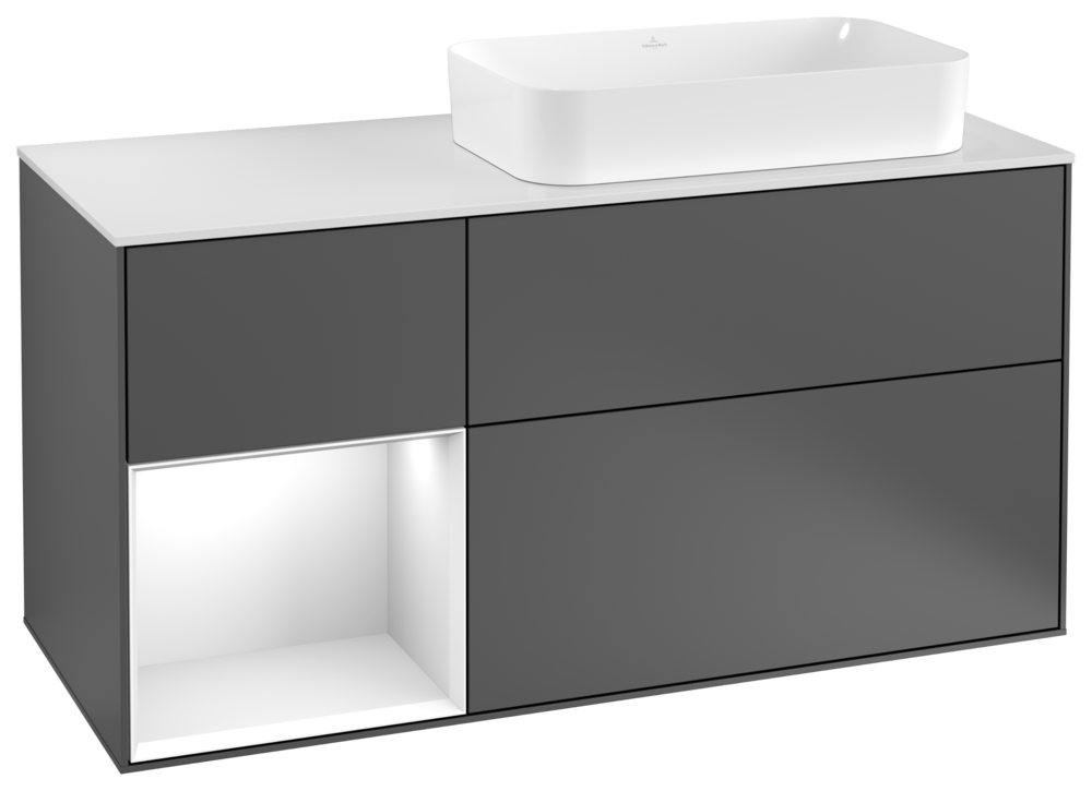 V&B Waschtisch-Unterschrank Wandbeleuchtung Finion 120cm, Abdeckplatte white matt, Regal links White matt lacquer, Anthracite matt