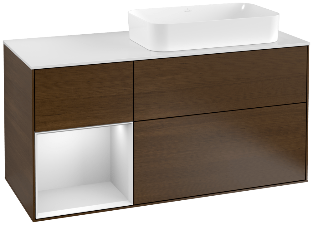V&B Waschtisch-Unterschrank Finion 120cm, Abdeckplatte white matt, Regal links White matt lacquer, Walnut veneer