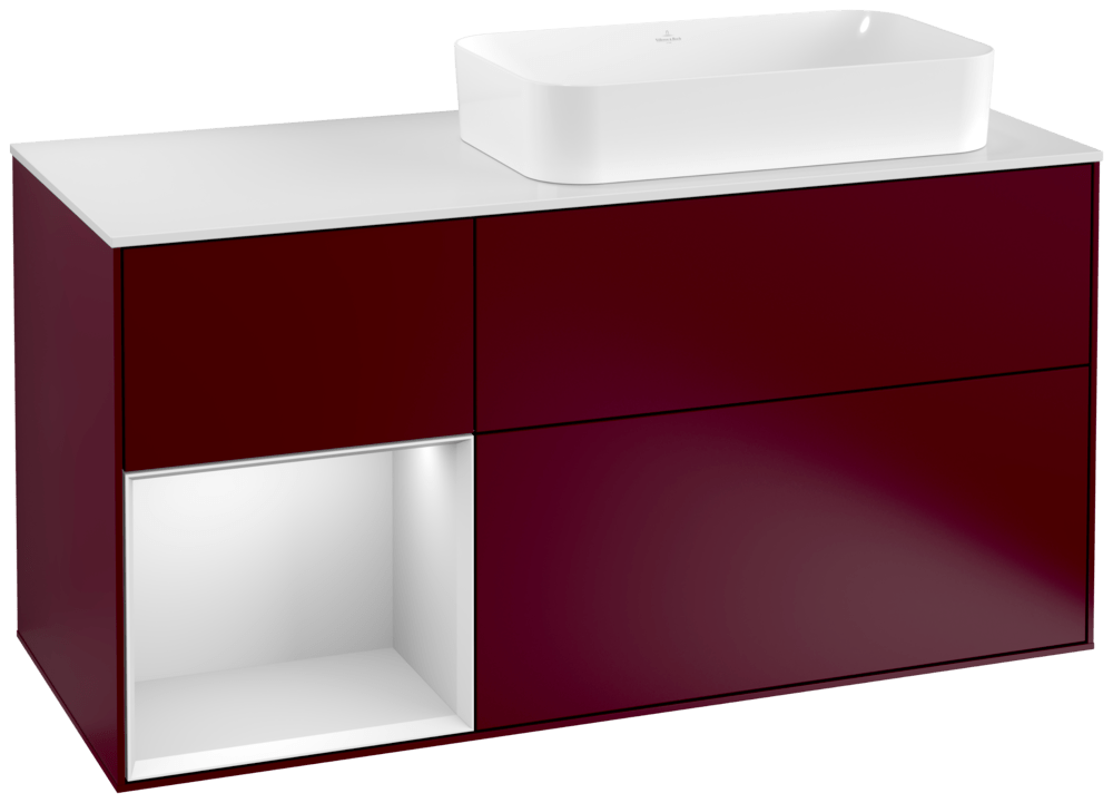V&B Waschtisch-Unterschrank Finion 120cm, Abdeckplatte white matt, Regal links White matt lacquer, Peony Matt