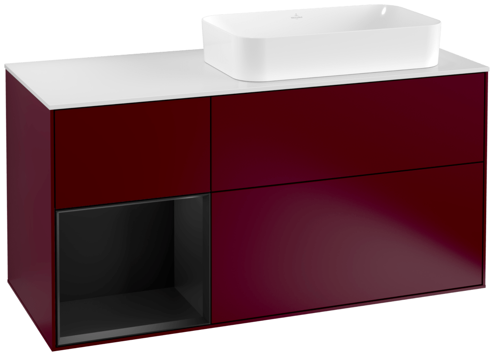 V&B Waschtisch-Unterschrank Finion 120cm, Abdeckplatte white matt, Regal links Black matt lacquer, Peony Matt