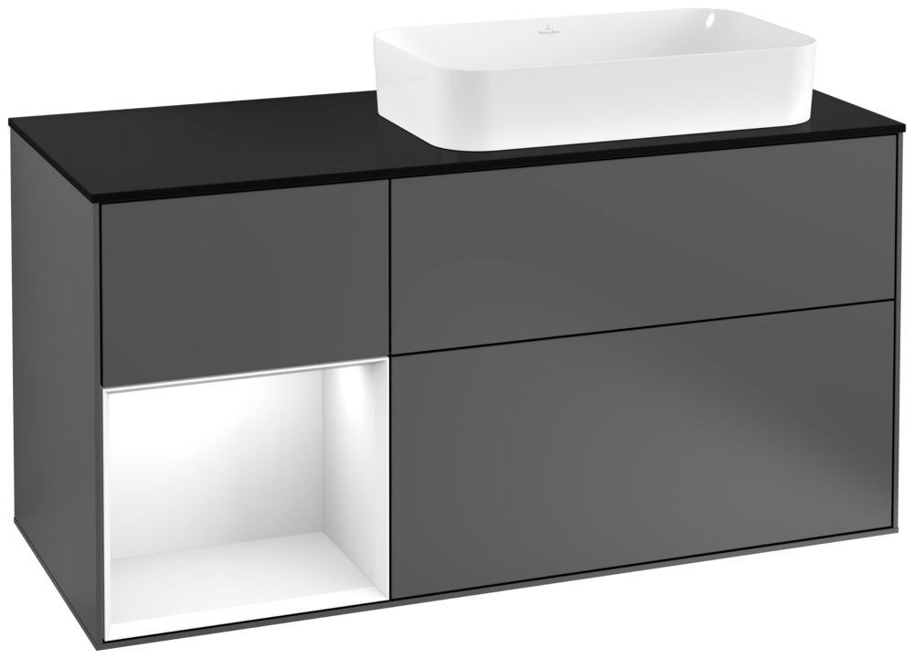V&B Waschtisch-Unterschrank Finion 120cm, Abdeckplatte black matt, Regal links Glossy white lacquer, Anthracite matt