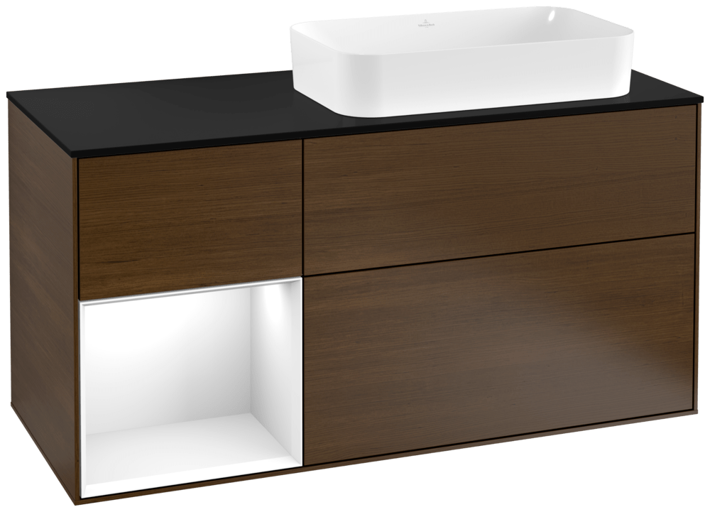 V&B Waschtisch-Unterschrank Finion 120cm, Abdeckplatte black matt, Regal links Glossy white lacquer, Walnut veneer