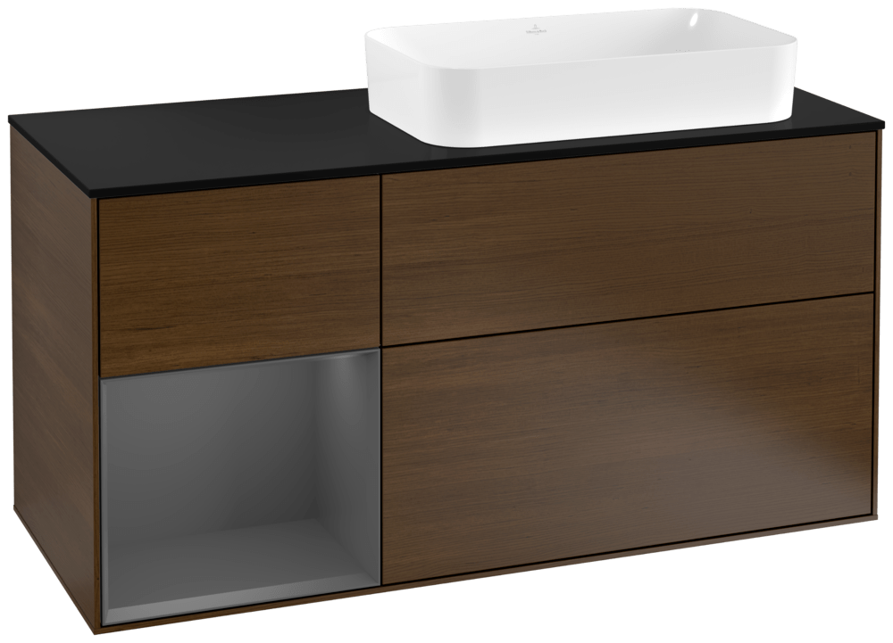 V&B Waschtisch-Unterschrank Finion 120cm, Abdeckplatte black matt, Regal links Anthracite matt, Walnut veneer