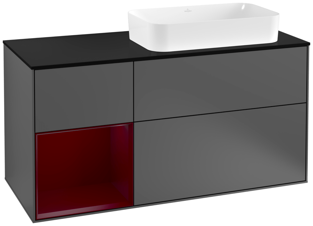 V&B Waschtisch-Unterschrank Finion 120cm, Abdeckplatte black matt, Regal links Peony, Anthracite matt