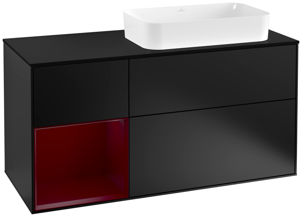 V&B Waschtisch-Unterschrank Finion 120cm, Abdeckplatte black matt, Regal links Peony, Black matt lacquer
