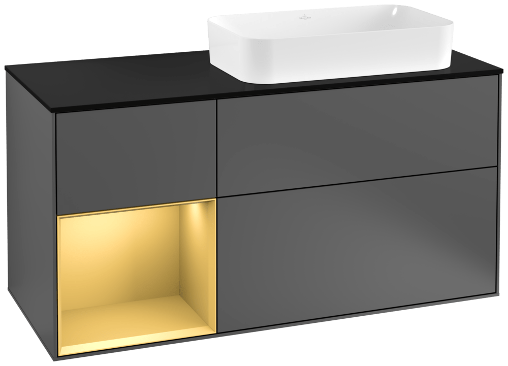 V&B Waschtisch-Unterschrank Finion 120cm, Abdeckplatte black matt, Regal links Gold matt, Anthracite matt