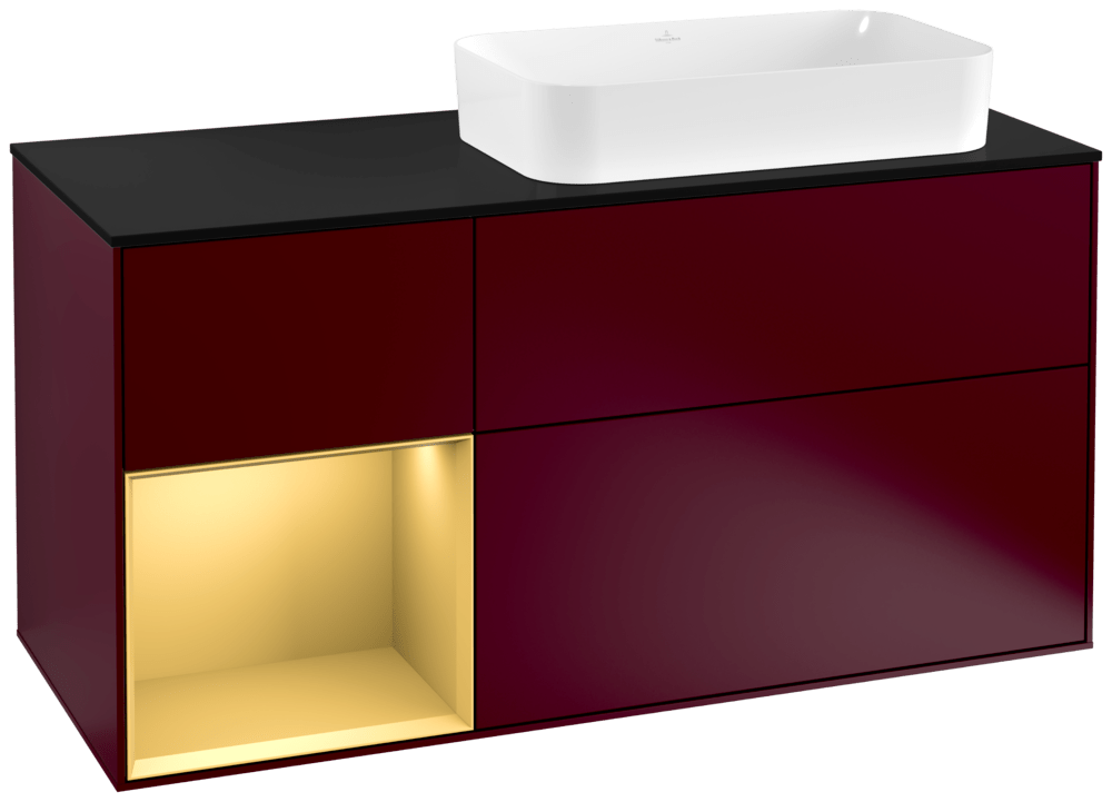 V&B Waschtisch-Unterschrank Finion 120cm, Abdeckplatte black matt, Regal links Gold matt, Peony Matt