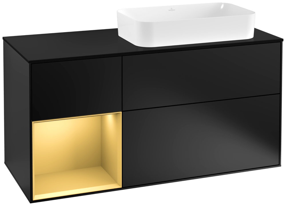 V&B Waschtisch-Unterschrank Finion 120cm, Abdeckplatte black matt, Regal links Gold matt, Black matt lacquer