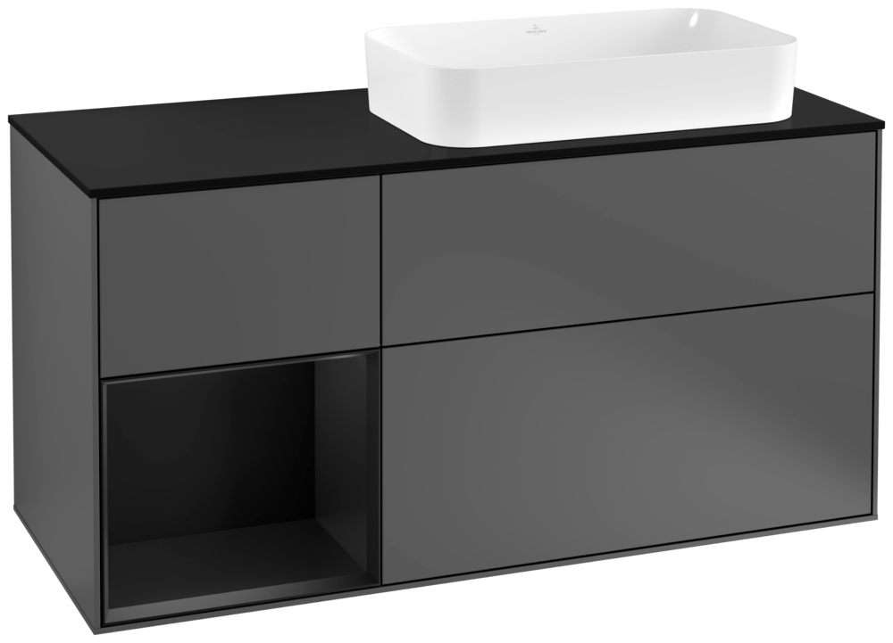 V&B Waschtisch-Unterschrank Finion 120cm, Abdeckplatte black matt, Regal links Black matt lacquer, Anthracite matt
