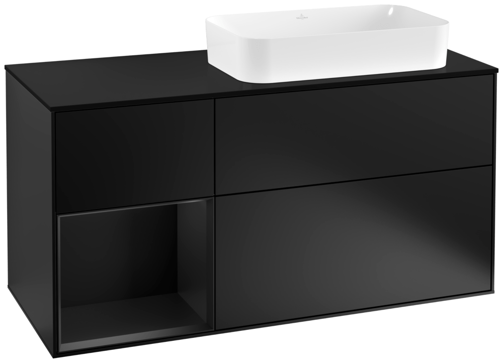 V&B Waschtisch-Unterschrank Finion 120cm, Abdeckplatte black matt, Regal links Black matt lacquer, Black matt lacquer