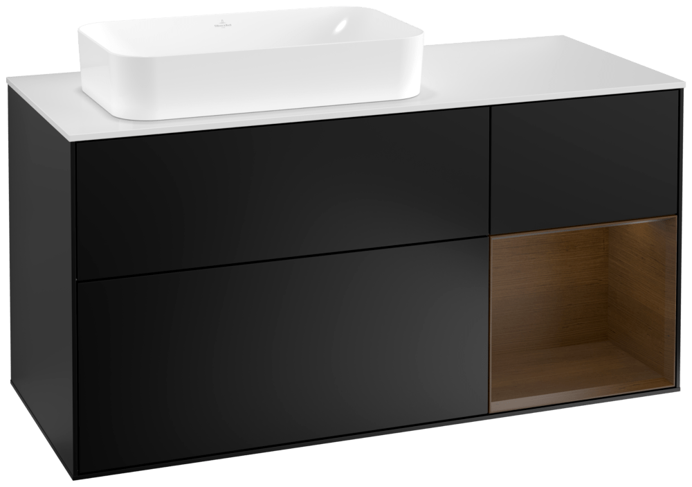 V&B Waschtisch-Unterschrank Finion 120cm, Abdeckplatte white matt, Regal rechts Walnut veneer, Black matt lacquer