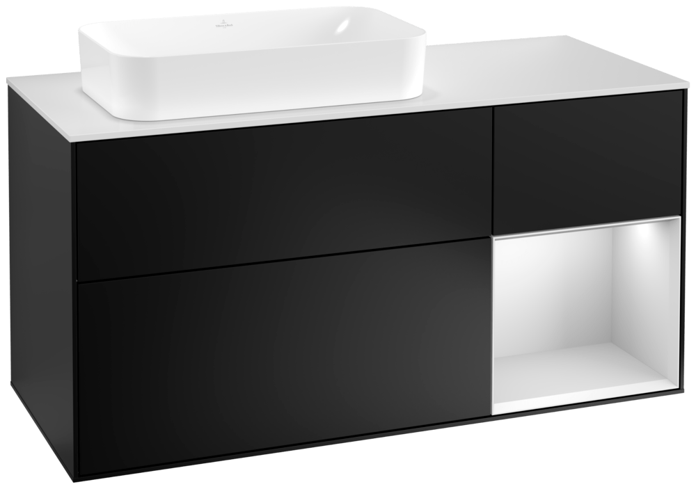 V&B Waschtisch-Unterschrank Finion 120cm, Abdeckplatte white matt, Regal rechts White matt lacquer, Black matt lacquer