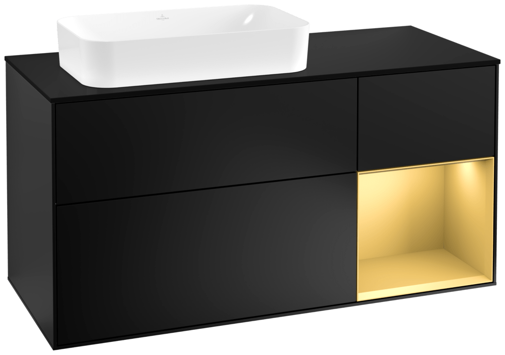 V&B Waschtisch-Unterschrank Finion 120cm, Abdeckplatte black matt, Regal rechts Gold matt, Black matt lacquer