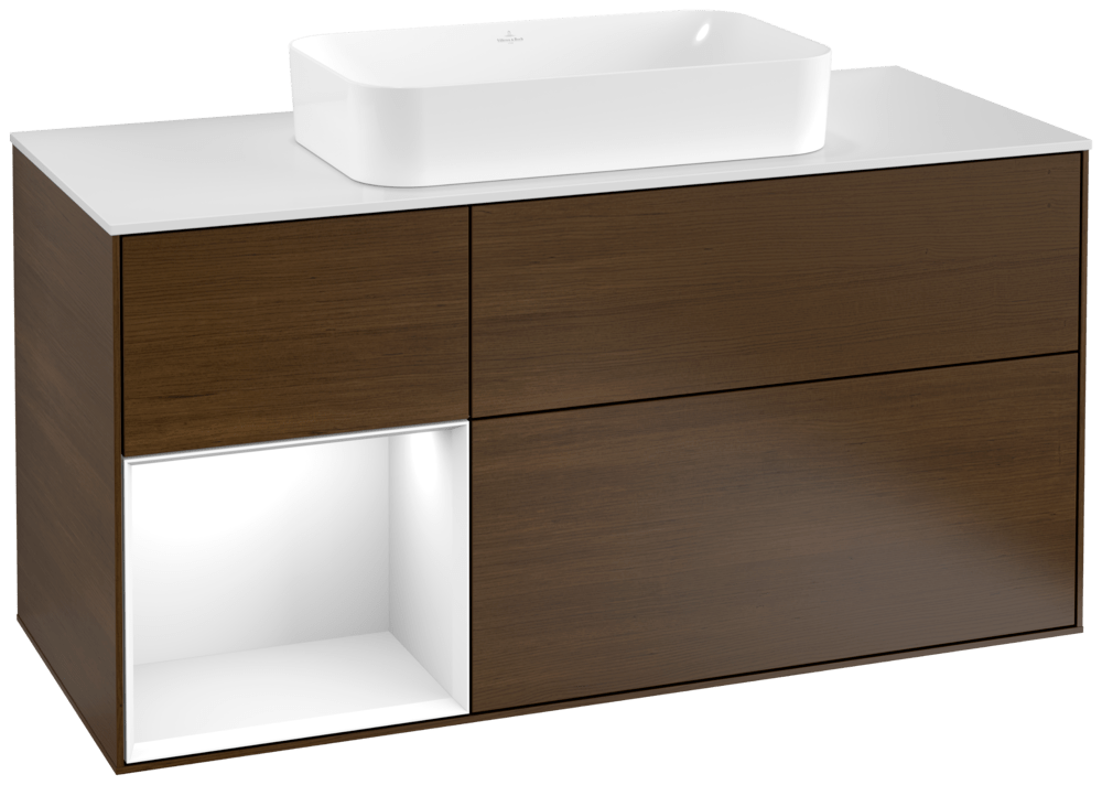 V&B Waschtisch-Unterschrank Finion 120cm, Abdeckplatte white matt, Regal links Glossy white lacquer, Walnut veneer