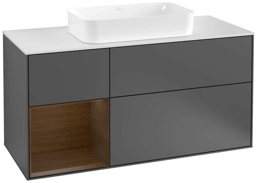 V&B Waschtisch-Unterschrank Finion 120cm, Abdeckplatte white matt, Regal links Walnut veneer, Anthracite matt