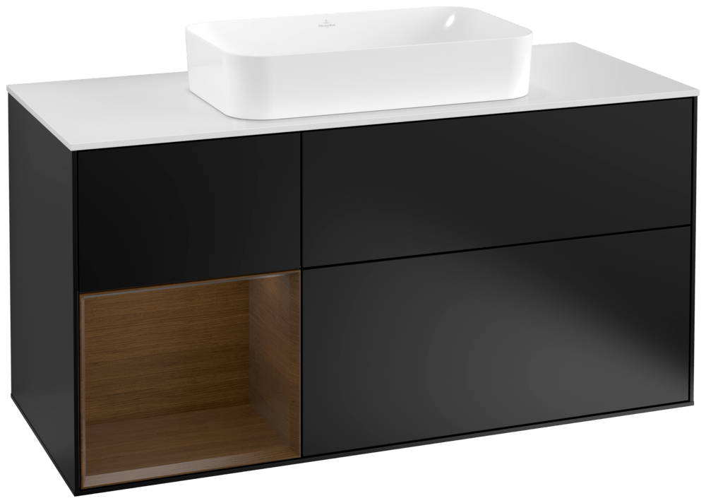 V&B Waschtisch-Unterschrank Finion 120cm, Abdeckplatte white matt, Regal links Walnut veneer, Black matt lacquer