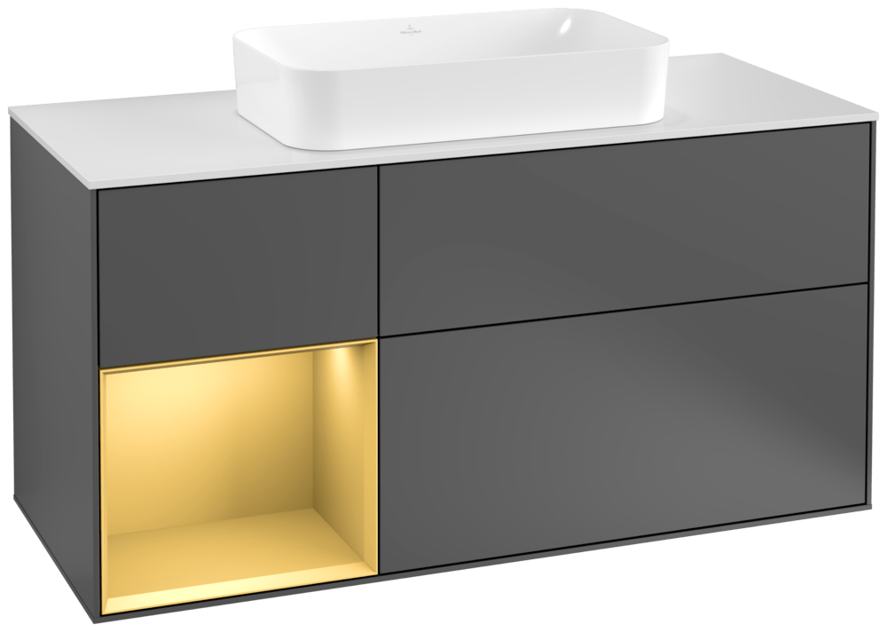 V&B Waschtisch-Unterschrank Finion 120cm, Abdeckplatte white matt, Regal links Gold matt, Anthracite matt