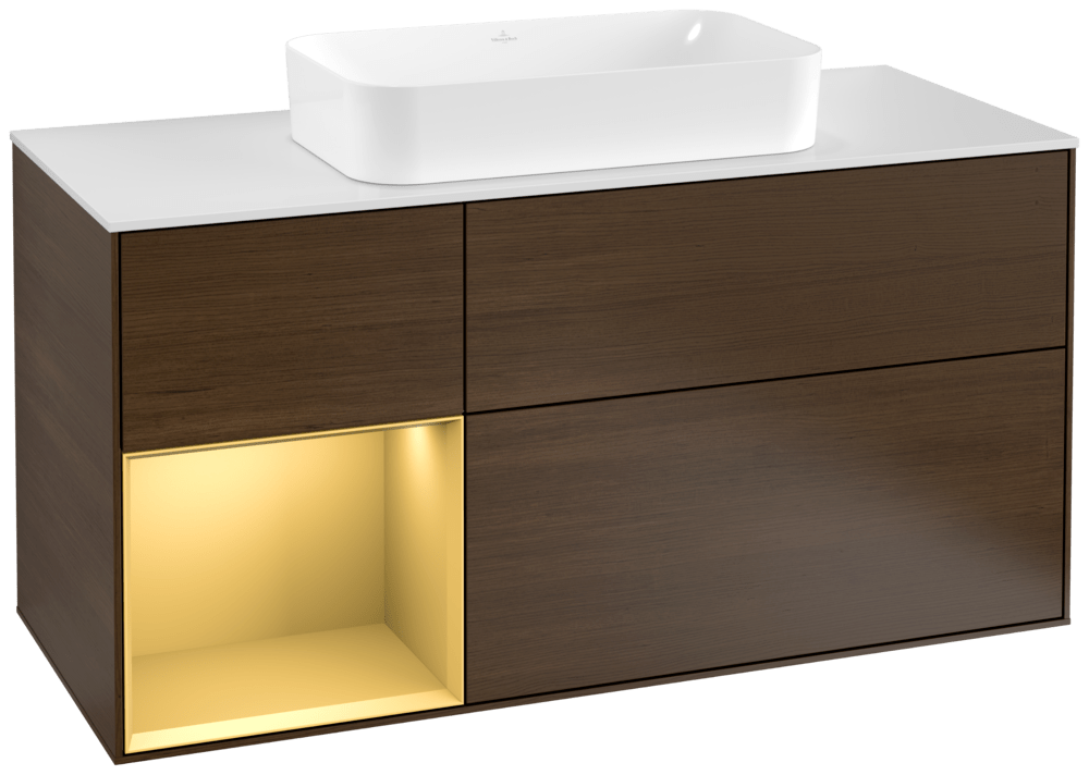 V&B Waschtisch-Unterschrank Finion 120cm, Abdeckplatte white matt, Regal links Gold matt, Walnut veneer