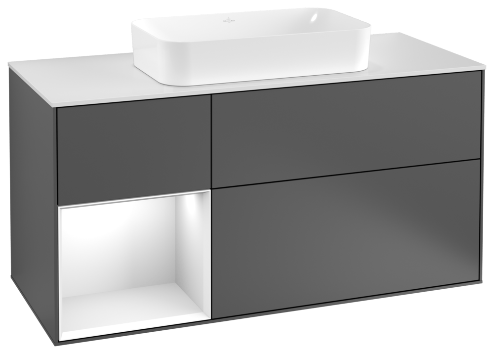 V&B Waschtisch-Unterschrank Finion 120cm, Abdeckplatte white matt, Regal links White matt lacquer, Anthracite matt