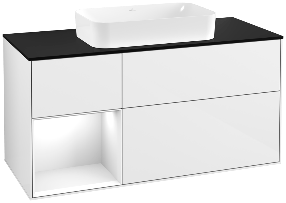 V&B Waschtisch-Unterschrank Finion 120cm, Abdeckplatte black matt, Regal links Glossy white lacquer, Glossy white lacquer