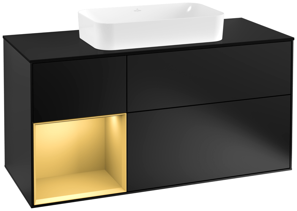 V&B Waschtisch-Unterschrank Finion 120cm, Abdeckplatte black matt, Regal links Gold matt, Black matt lacquer