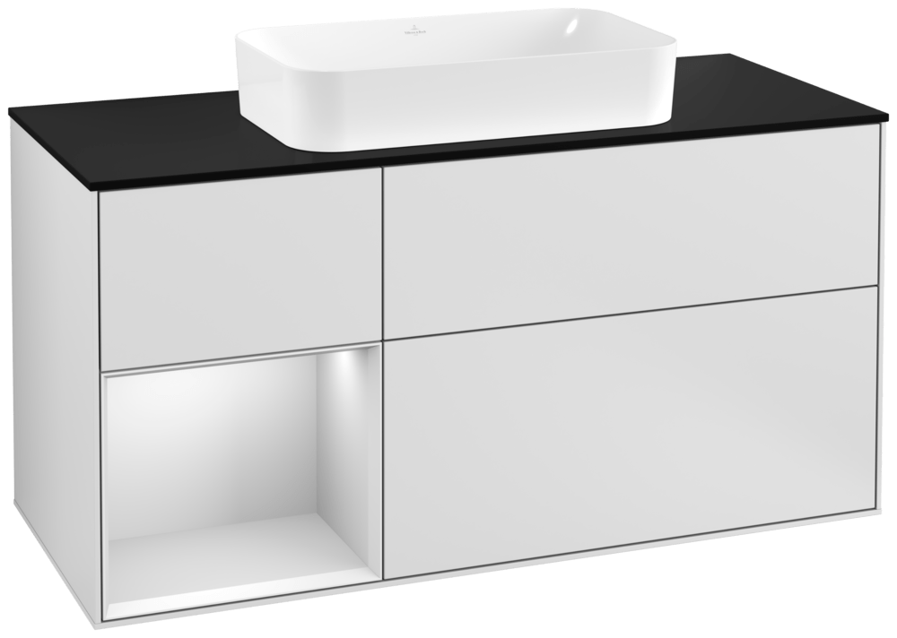 V&B Waschtisch-Unterschrank Finion 120cm, Abdeckplatte black matt, Regal links White matt lacquer, White matt lacquer