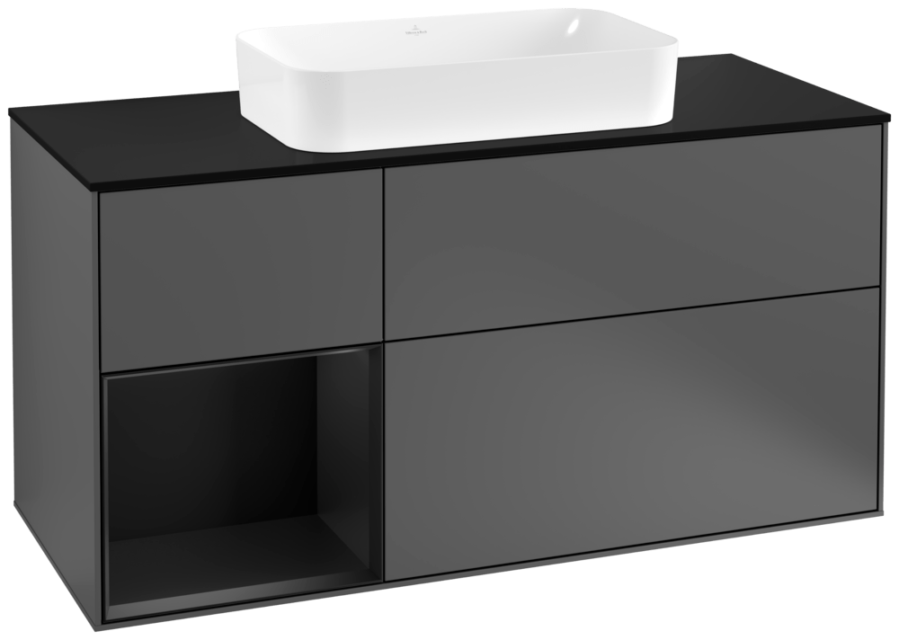 V&B Waschtisch-Unterschrank Finion 120cm, Abdeckplatte black matt, Regal links Black matt lacquer, Anthracite matt