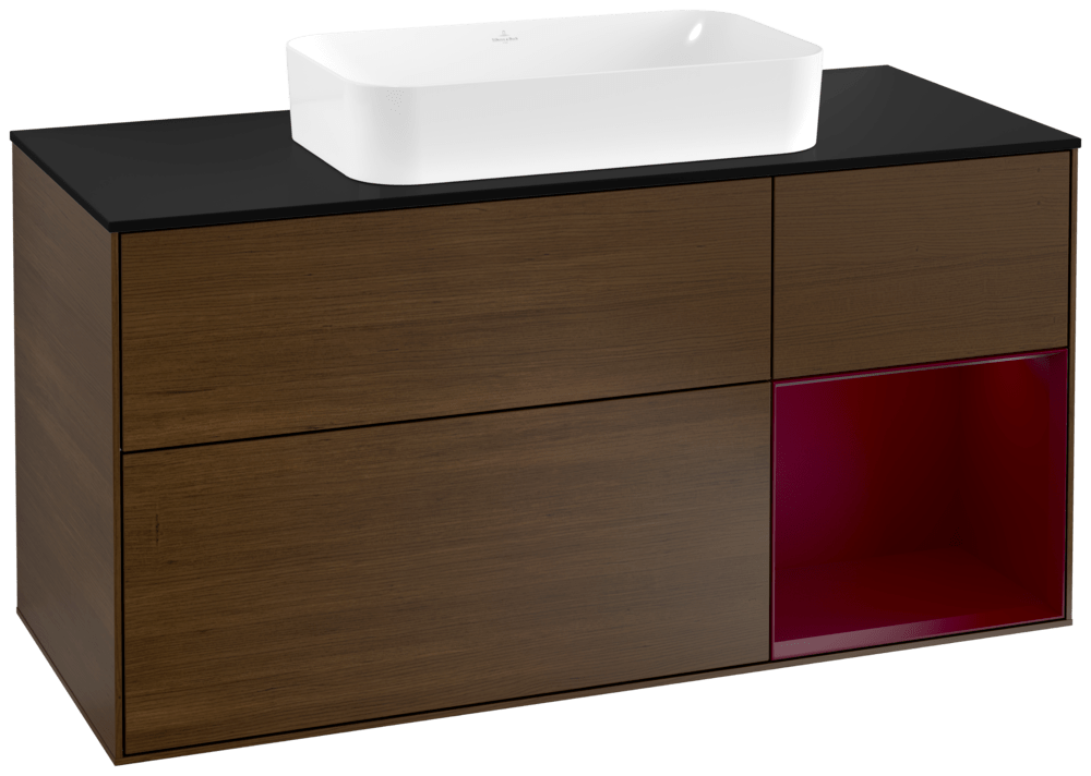 V&B Waschtisch-Unterschrank Finion 120cm, Abdeckplatte black matt, Regal rechts Peony, Walnut veneer