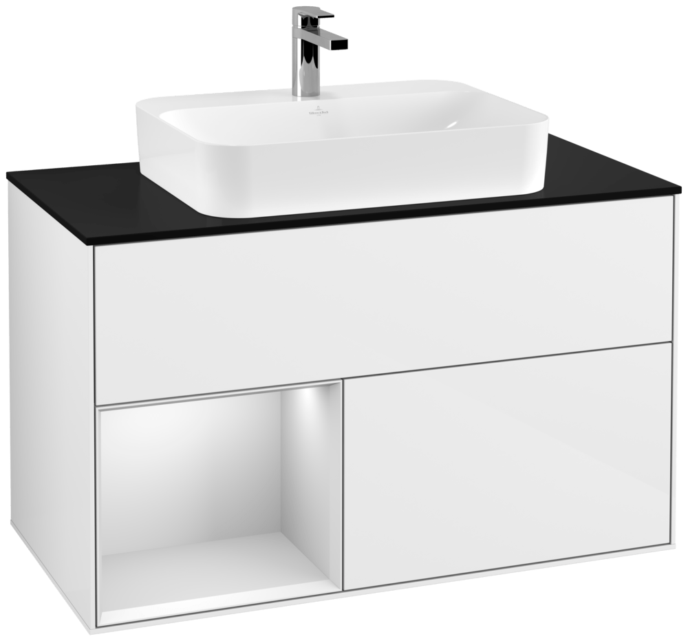 V&B Waschtisch-Unterschrank Finion 100cm, Abdeckplatte black matt, Regal links White matt lacquer, Glossy white lacquer