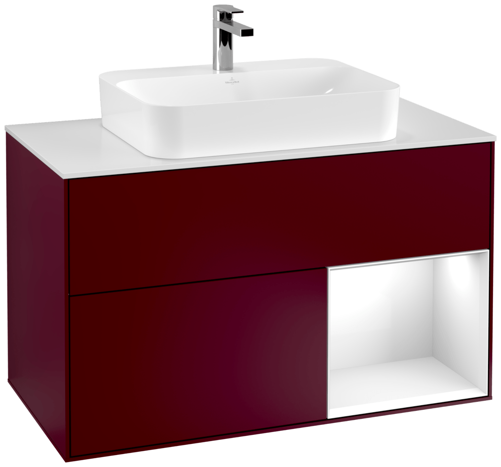 V&B Waschtisch-Unterschrank Finion 100cm, Abdeckplatte white matt, Regal rechts Glossy white lacquer, Peony Matt