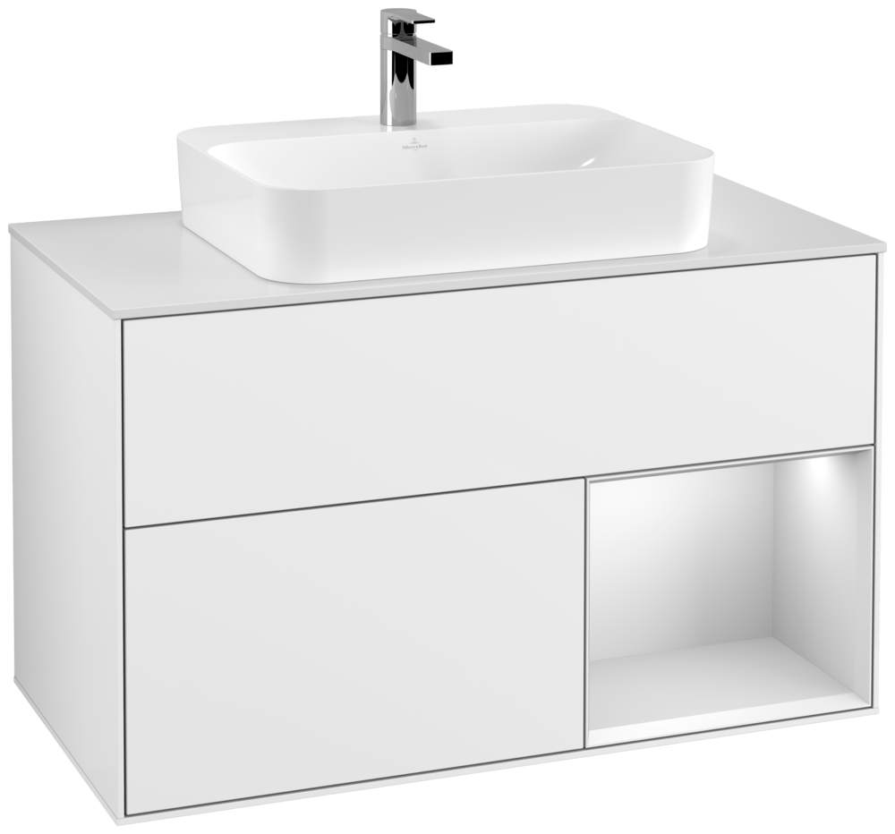 V&B Waschtisch-Unterschrank Finion 100cm, Abdeckplatte white matt, Regal rechts White matt lacquer, Glossy white lacquer