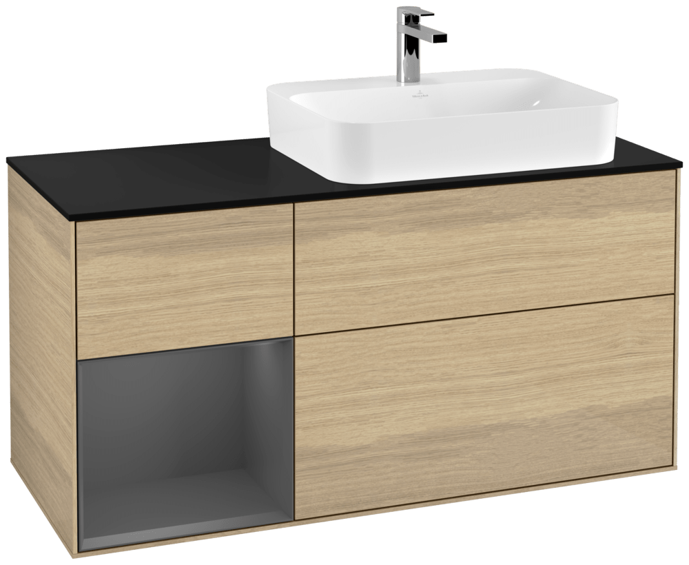 V&B Waschtisch-Unterschrank Finion 120cm, Abdeckplatte black matt, Regal links Anthracite matt, Oak Veneer