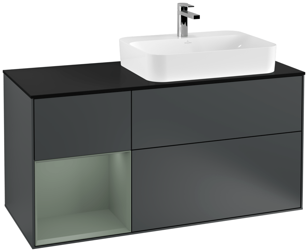 V&B Waschtisch-Unterschrank Finion 120cm, Abdeckplatte black matt, Regal links Olive Matt Lacquer, Midnight Blue Matt Lacquer