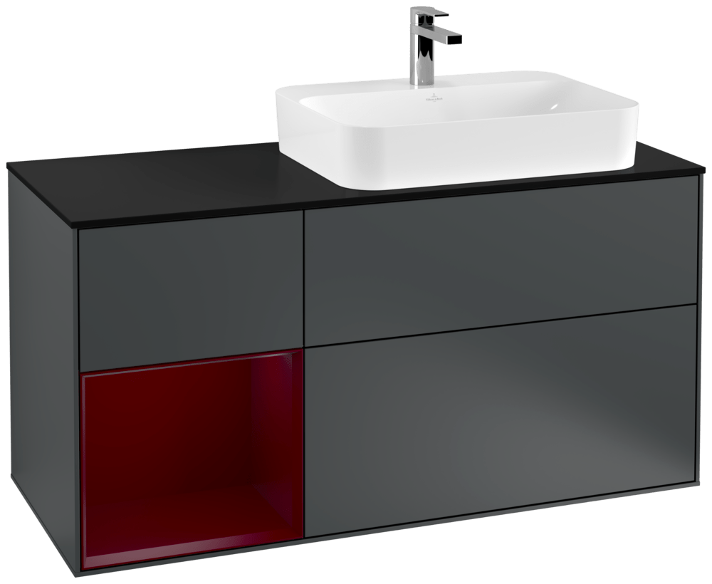 V&B Waschtisch-Unterschrank Finion 120cm, Abdeckplatte black matt, Regal links Peony, Midnight Blue Matt Lacquer