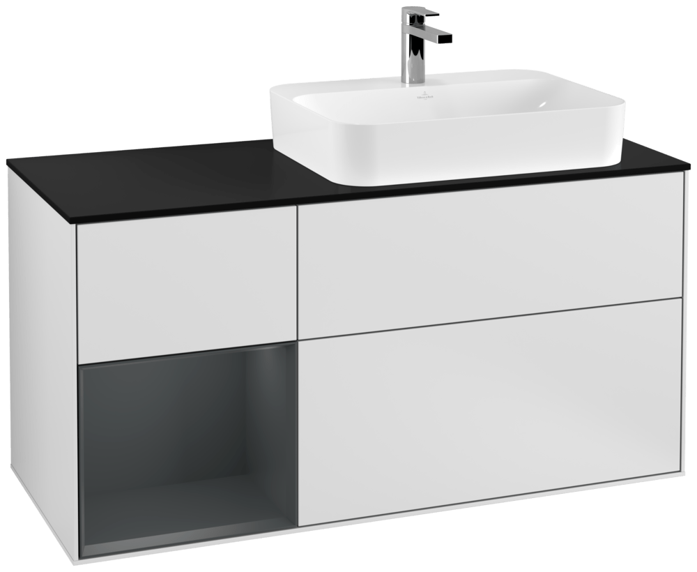 V&B Waschtisch-Unterschrank Finion 120cm, Abdeckplatte black matt, Regal links Midnight Blue Matt Lacquer, White matt lacquer