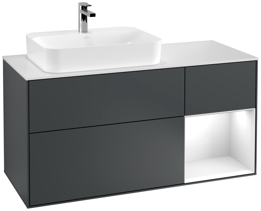 V&B Waschtisch-Unterschrank Finion 120cm, Abdeckplatte white matt, Regal rechts Glossy white lacquer, Midnight Blue Matt Lacquer