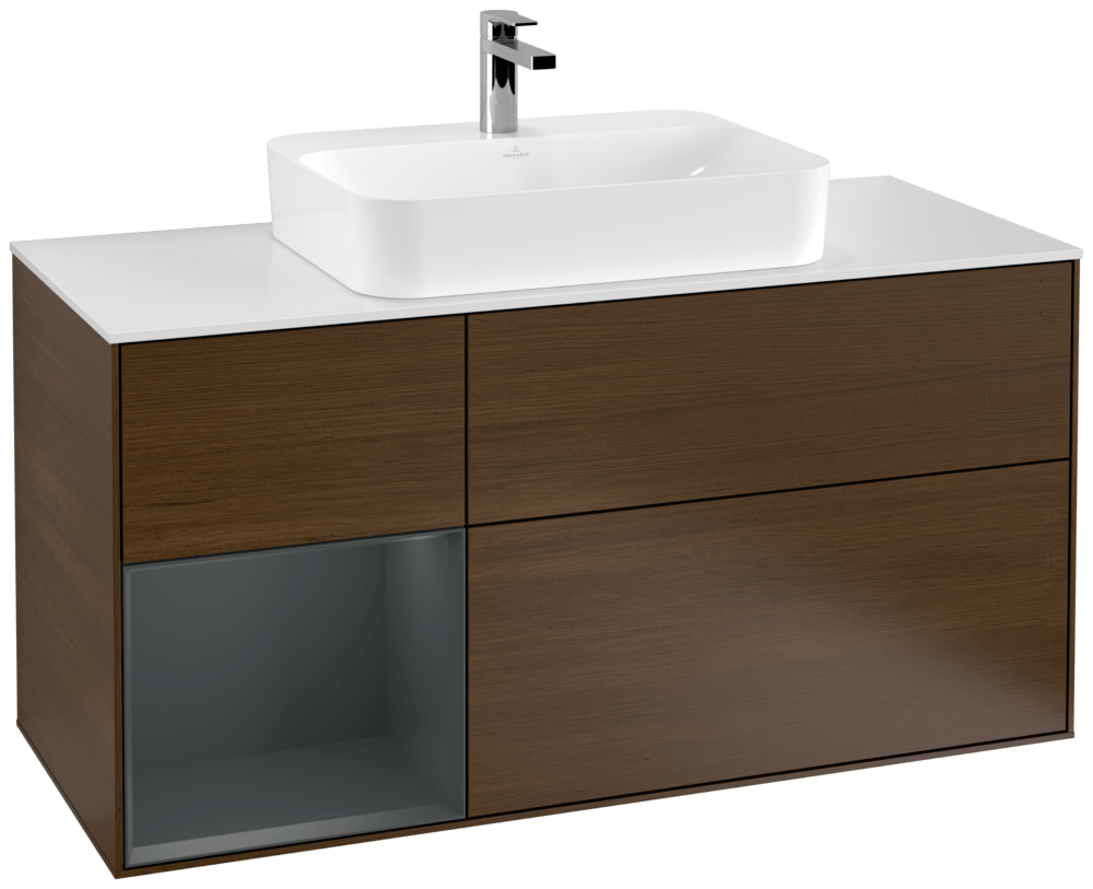 V&B Waschtisch-Unterschrank Finion 120cm, Abdeckplatte white matt, Regal links Midnight Blue Matt Lacquer, Walnut veneer