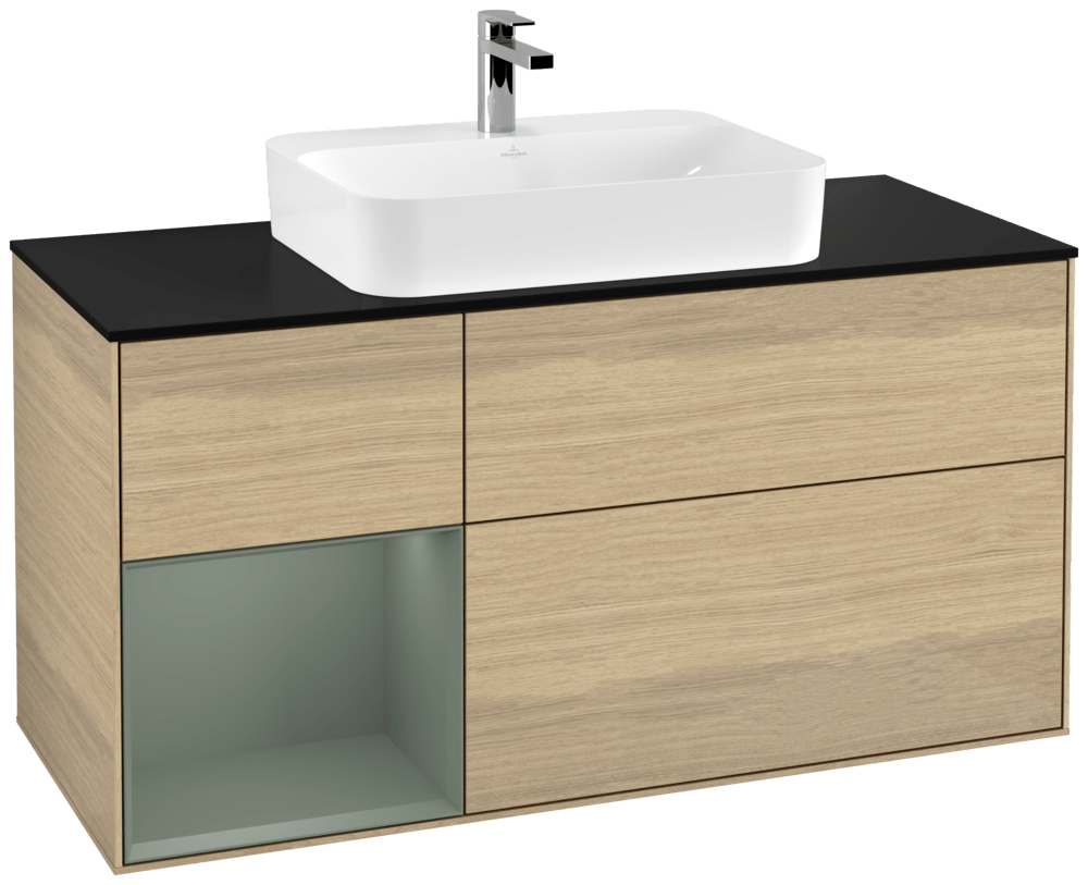V&B Waschtisch-Unterschrank Finion 120cm, Abdeckplatte black matt, Regal links Olive Matt Lacquer, Oak Veneer