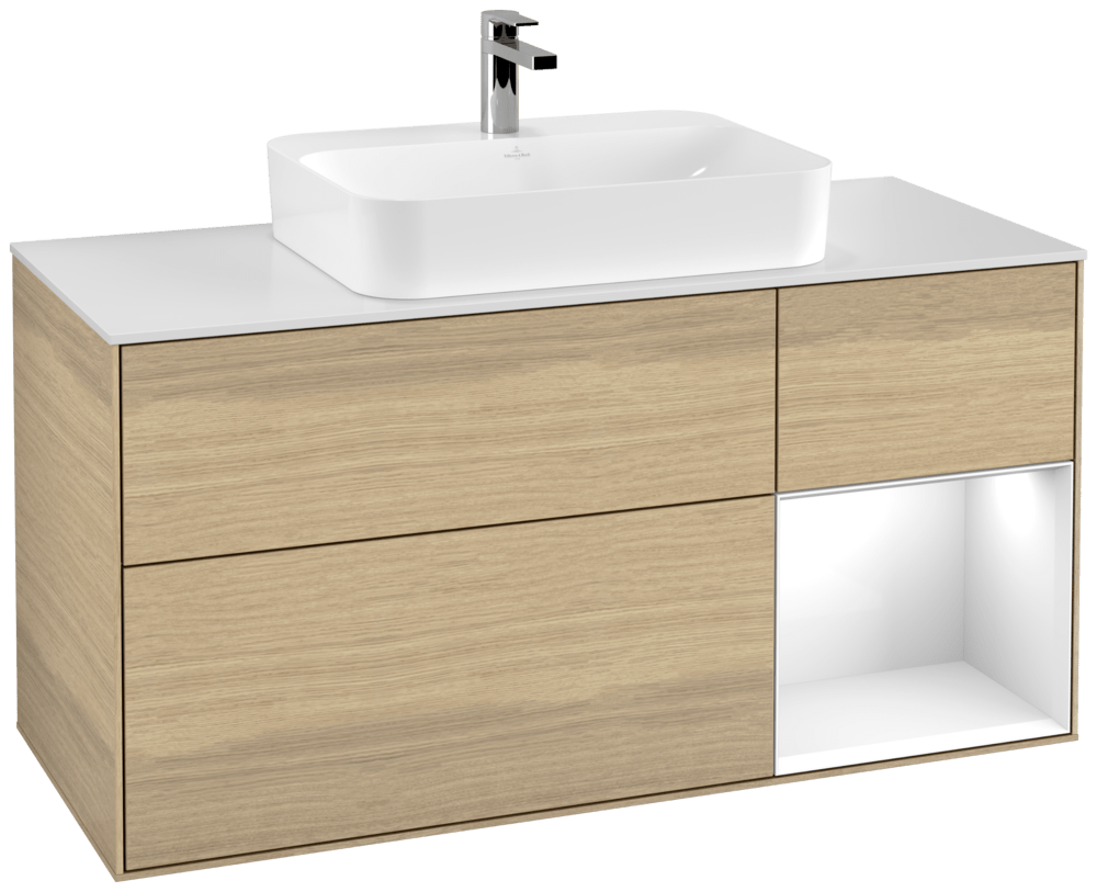 V&B Waschtisch-Unterschrank Finion 120cm, Abdeckplatte white matt, Regal rechts Glossy white lacquer, Oak Veneer