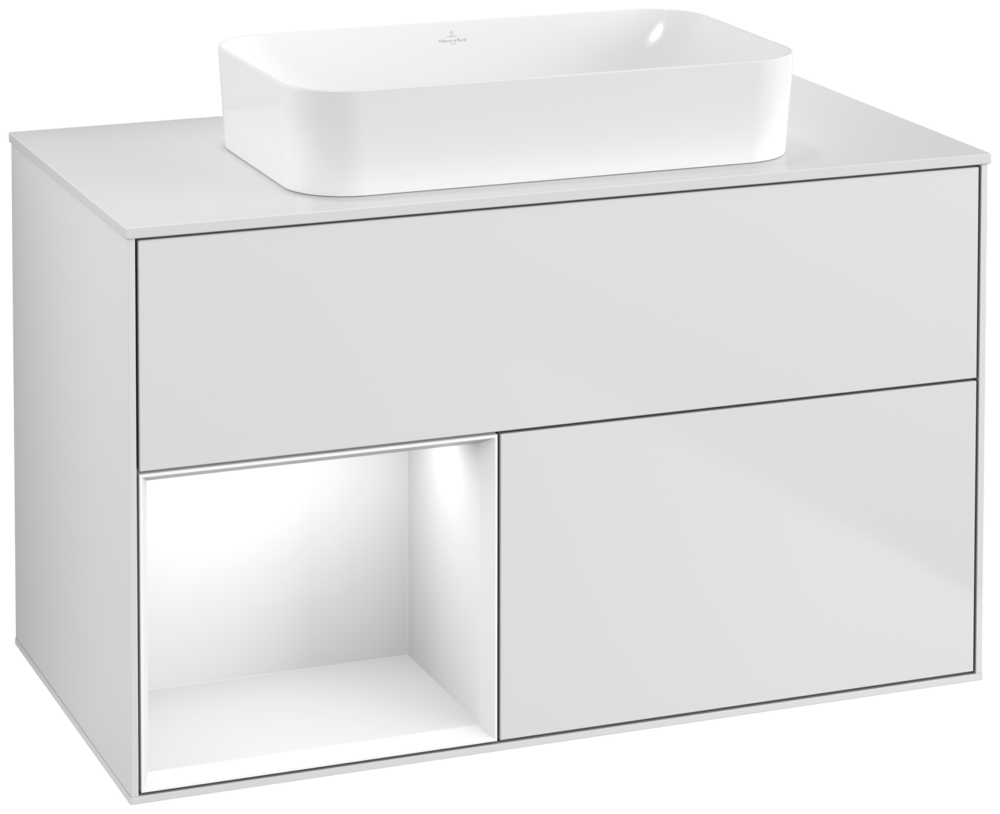 V&B Waschtisch-Unterschrank Finion 100x60,3x50,1cm, Regal links Glossy white lacquer, White matt lacquer
