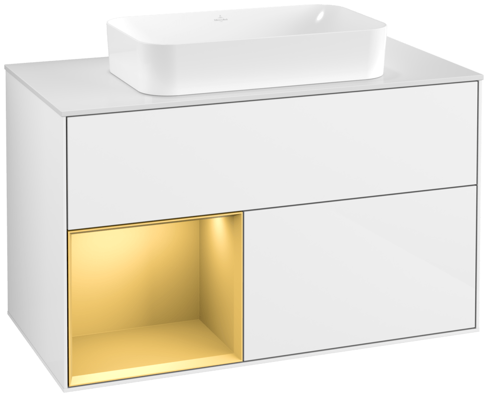 V&B Waschtisch-Unterschrank Finion 100x60,3x50,1cm, Regal links Gold matt, Glossy white lacquer