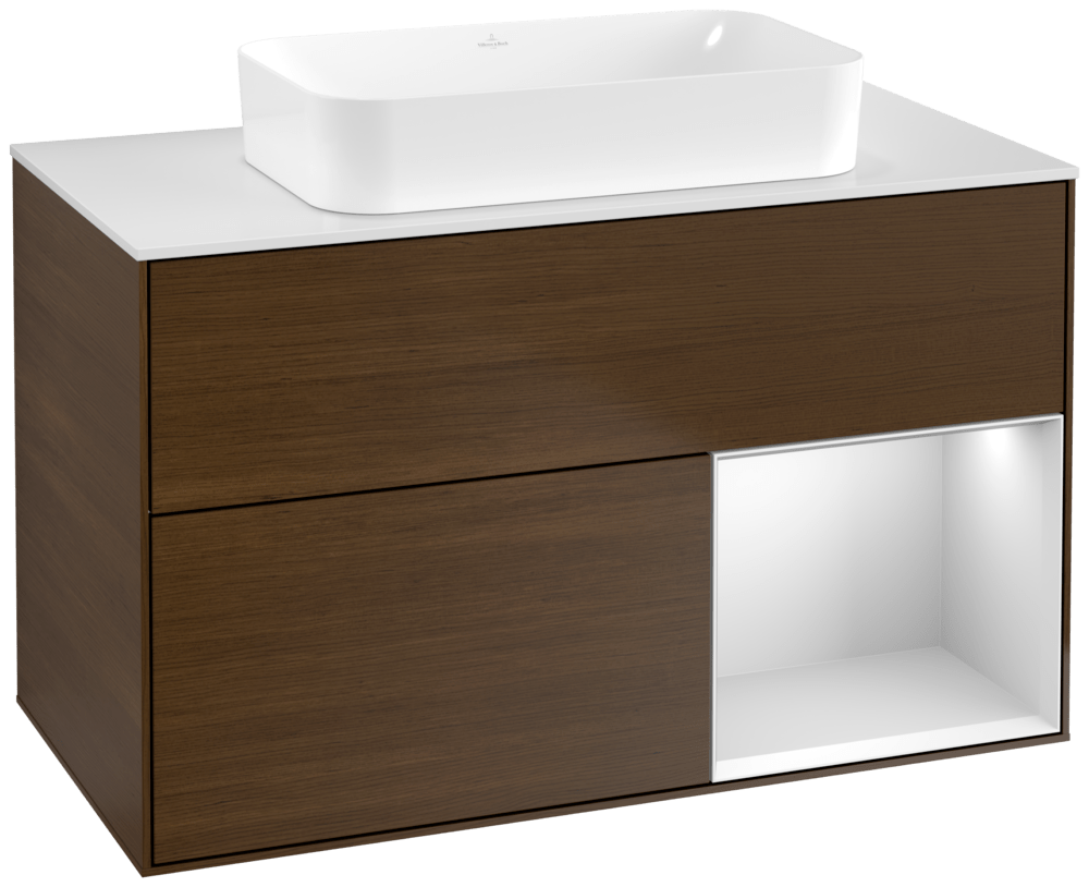 V&B Waschtisch-Unterschrank Finion 100x60,3x50,1cm, Regal rechts White matt lacquer, Walnut veneer