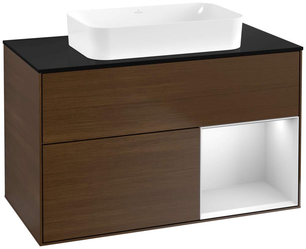V&B Waschtisch-Unterschrank Finion 100x60,3x50,1cm, Regal rechts White matt lacquer, Walnut veneer