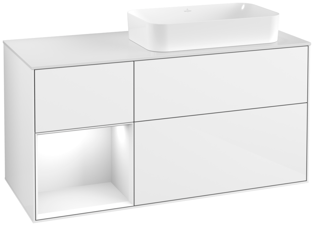 V&B Waschtisch-Unterschrank Finion 120x60,3x50,1cm, Regal links Glossy white lacquer, Glossy white lacquer