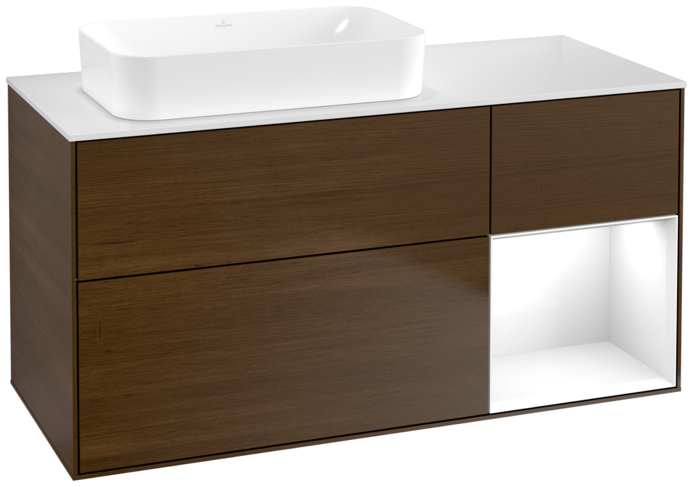 V&B Waschtisch-Unterschrank Finion 120x60,3x50,1cm, Regal rechts Glossy white lacquer, Walnut veneer
