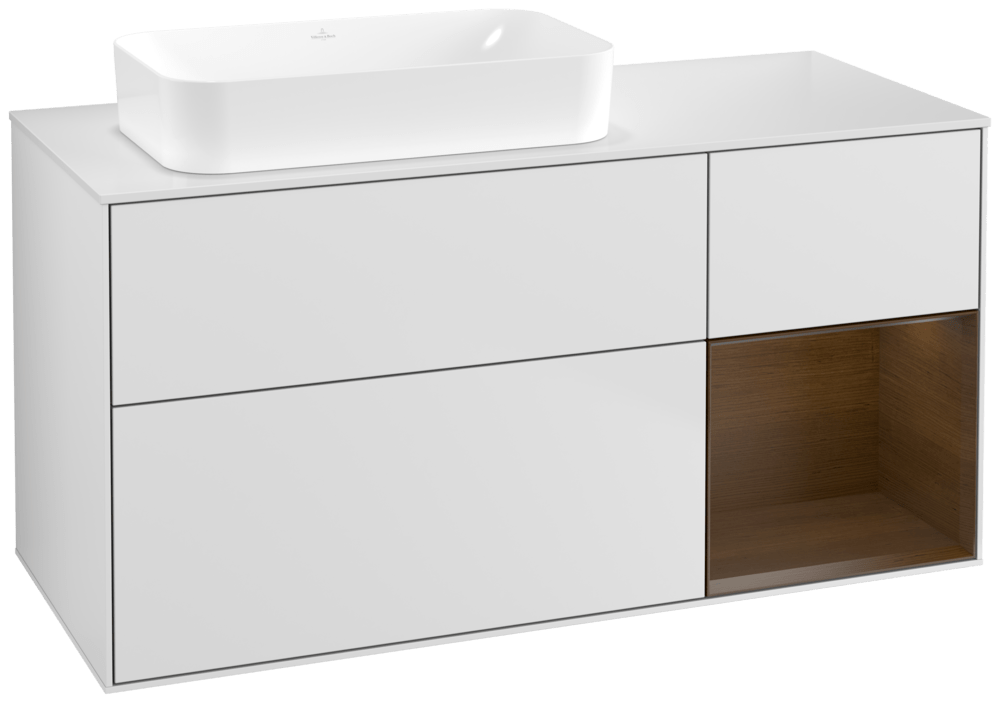 V&B Waschtisch-Unterschrank Finion 120x60,3x50,1cm, Regal rechts Walnut veneer, White matt lacquer