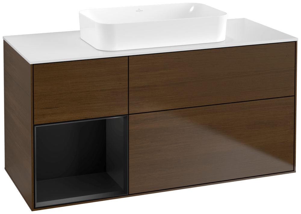 V&B Waschtisch-Unterschrank Finion 120x60,3x50,1cm, Regal links Black matt lacquer, Walnut veneer