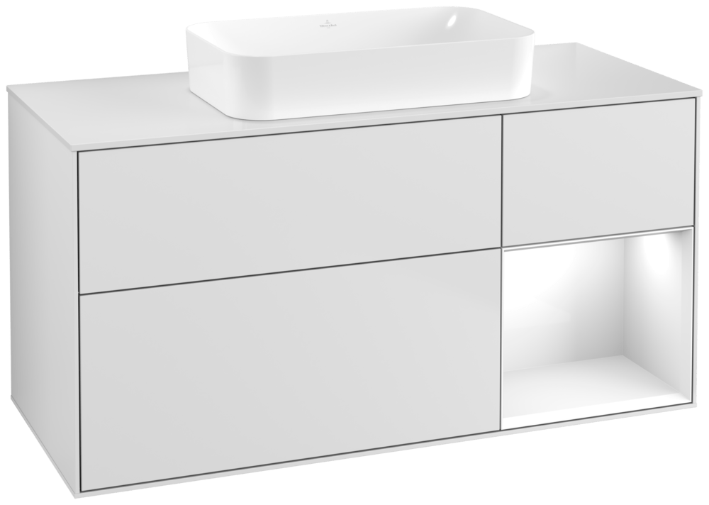V&B Waschtisch-Unterschrank Finion 120x60,3x50,1cm, Regal rechts Glossy white lacquer, White matt lacquer