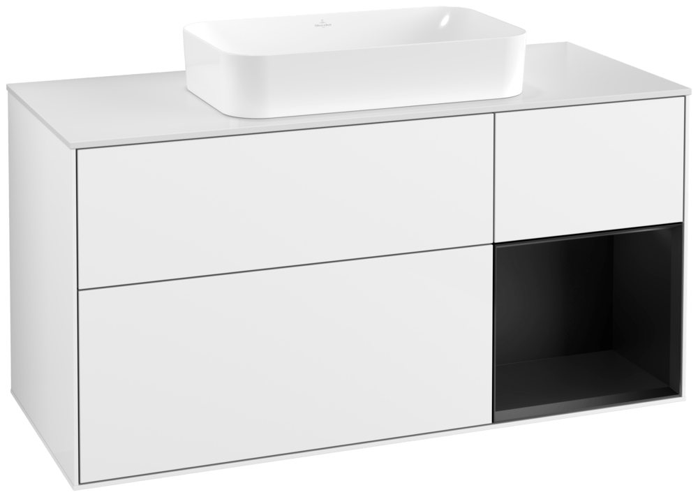 V&B Waschtisch-Unterschrank Finion 120x60,3x50,1cm, Regal rechts Black matt lacquer, Glossy white lacquer