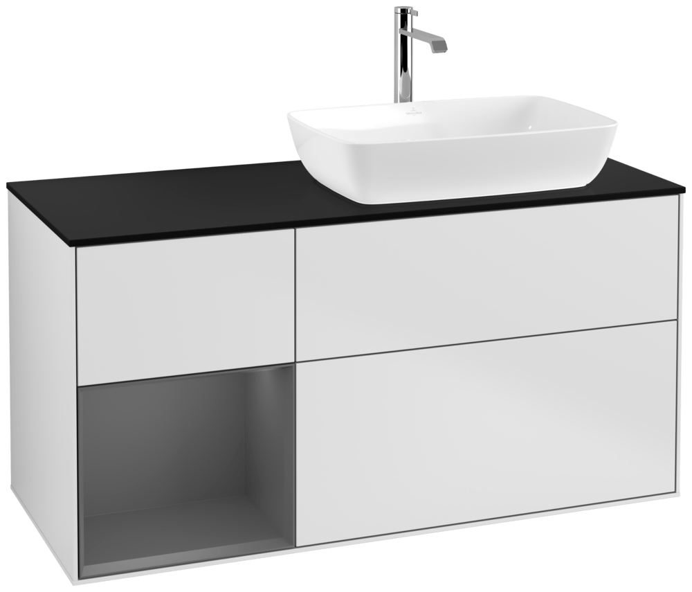 V&B Waschtisch-Unterschrank Finion 120cm, Abdeckplatte black matt, Regal Anthracite matt lacquer, White matt lacquer